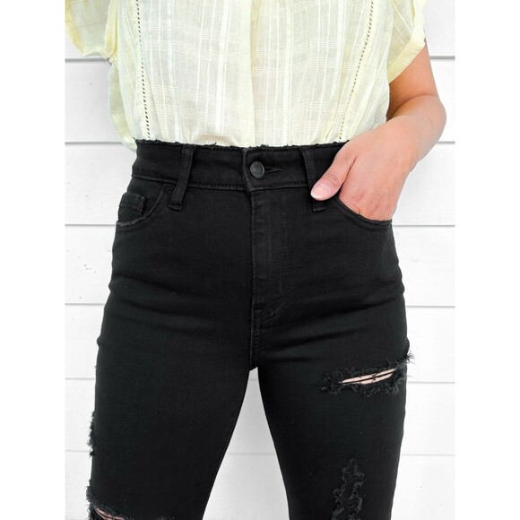 NWT ZENANA Women 31 Hi-Rise Stretch Jeans Distressed Cropped Raw Black Casual - Picture 2 of 16